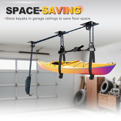 Garage Ceiling Kayak Hoist 10-14 Ft - Heavy Duty Lifting System for Up to 150 lbs