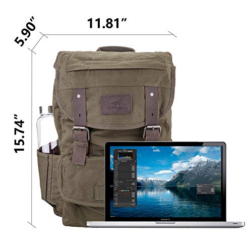 Green Waterproof Waxed Canvas Backpack for Men Travel Rucksack with Leather Trim - One Size