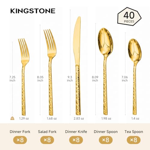 Gold 40-Piece Flatware Set for 8 - Hammered Stainless Steel Cutlery by KINGSTONE