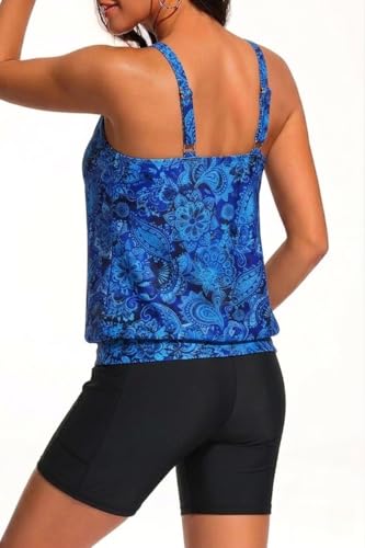 Large Blue Paisley Blouson Tankini with Shorts & Pockets - 7" Boy-Leg Two-Piece Swimsuit - Talisea
