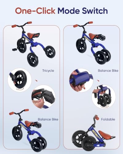 Foldable 3-in-1 Toddler Tricycle & Balance Bike - Blue, Adjustable & Portable
