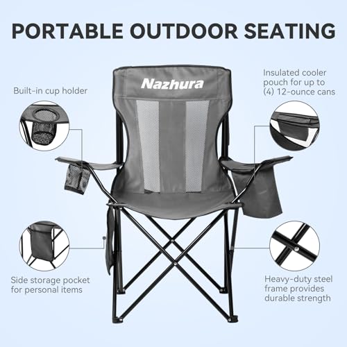 Nazhura 4 Pack Portable Camping Chairs with Cooler Pouch Mesh Backrest & Cup Holder - Grey/Metal
