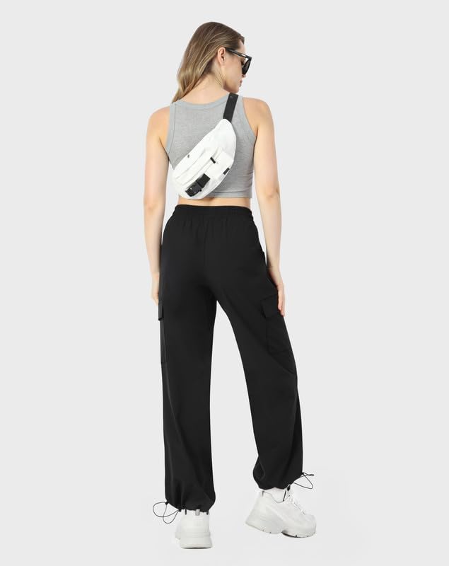 Keriffe Baggy Cargo Pants Women Parachute Hiking Wide Leg Pants Medium Black