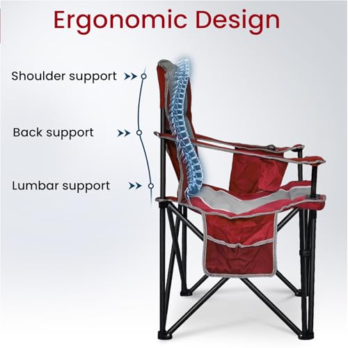 Red Oversized Camping Chair 500lbs Heavy Duty Padded Outdoor Seat with Lumbar Support