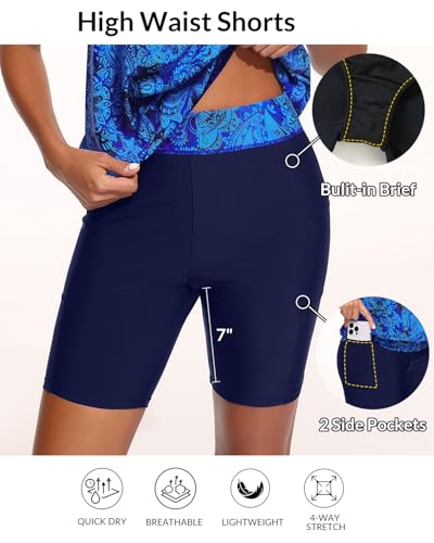 Large Blue Paisley Blouson Tankini with Shorts & Pockets - 7" Boy-Leg Two-Piece Swimsuit - Talisea