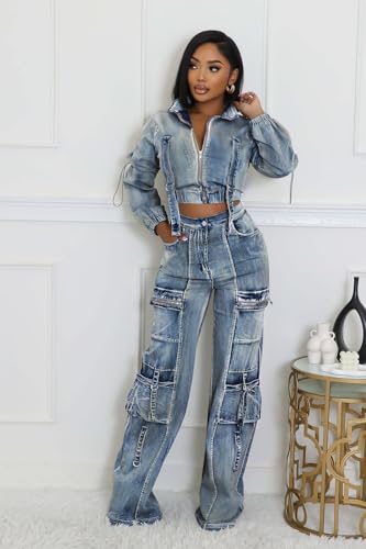 Molilove Women's Blue Cropped Denim Two-Piece Set X-Large