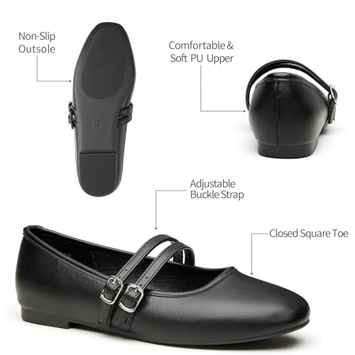Women Square Toe Mary Jane Flats - Black, Size 8