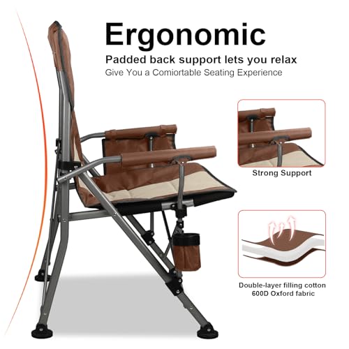 LANMOUNTAIN Moca-Padded Folding Camping Chair with Hard Armrest & Cup Holder, Heavy Duty Support up to 400lbs