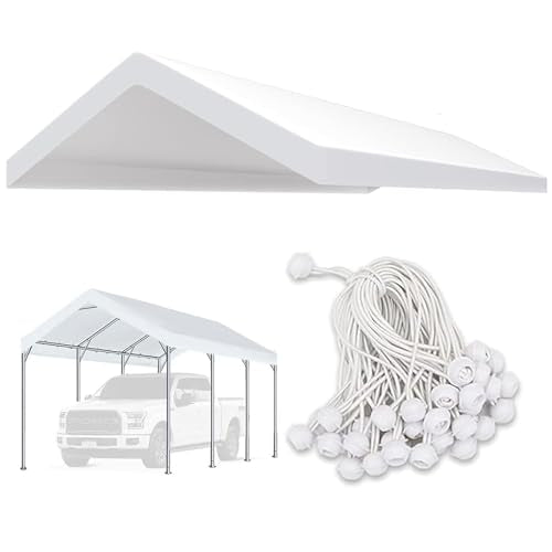 10' x 20' White Waterproof Carport Canopy Cover - Replacement Top with Bungees