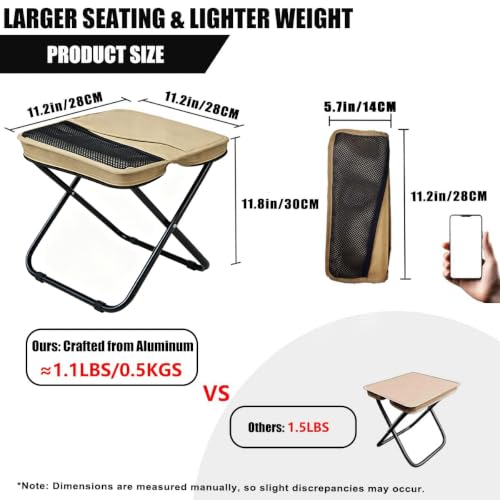 Khaki Portable Folding Camping Stool with Side Pocket - Lightweight, Supports 300 lbs