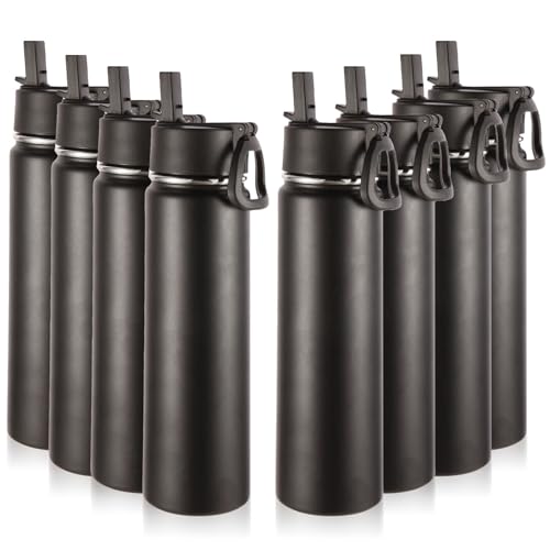 8-Pack Insulated Water Bottles 24oz with Straw Lid - Black
