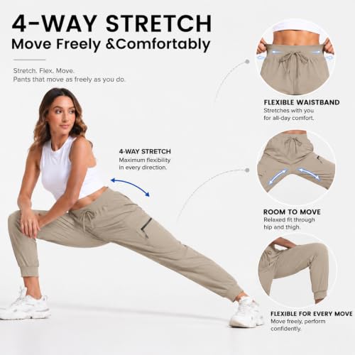 Women's Lightweight Cargo Hiking Pants with Pockets, Elastic Leg Opening, Large Size - Apricot