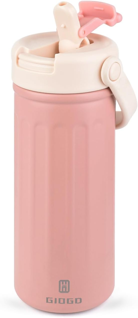 Thermo Water Bottle with Straw, 16oz/500ml Insulated Water Bottle with Handle, Stainless Steel Wide Mouth Water Bottles, Insulated Vacuum Thermo Bottles for Sport, Travel and School, BPA Free, Pink