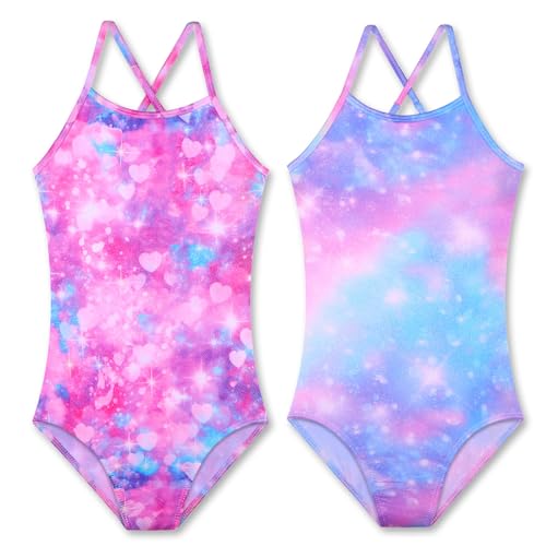 Girls' Swimwear One-Piece Bathing Suit - Cross-Back Adjustable Straps - Purple Heart/Tie Dye Blue Purple, 2-3T