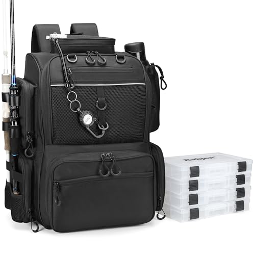 Fishing Tackle Backpack with Rod Holders & 4 Tackle Boxes - Black, 1600D Nylon