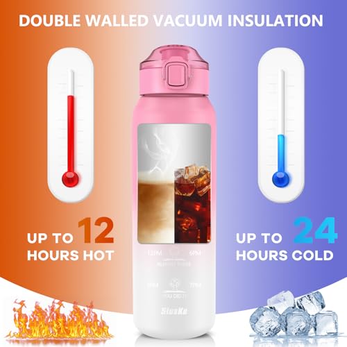 Insulated 32oz Water Bottle with 2 Lids - Pink & White, Double Wall Stainless Steel