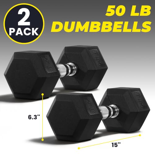 HulkFit 50 lb Rubber Coated Hex Dumbbells Set of 2 – Non-Slip Hand Weights for Home Gym