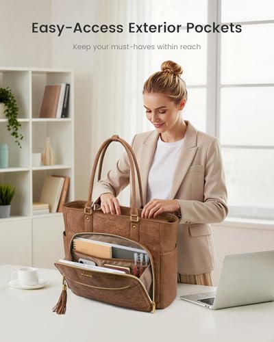 Yellow-Brown Embossed Leather Laptop Tote Bag for Women 17.3 Inch Waterproof Business Shoulder Bag with Cup Holder