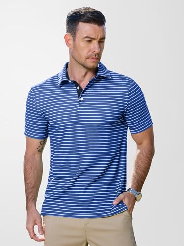 Men's Golf Polo Shirt Dry Fit Short Sleeve Slim Fit Moisture Wicking Casual Collared D Blue Stripes X-Large