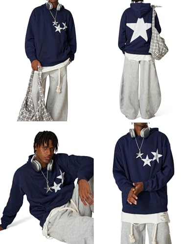 Aelfric Eden Star Hoodies Medium Navy Blue Oversized Y2K 90s Graphic Sweatshirt