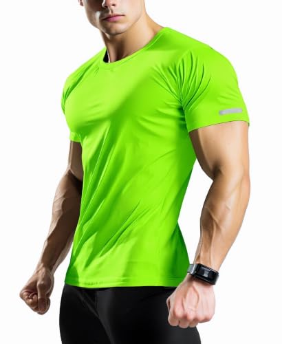 Mens Fitted Quick Dry Workout Shirts - Running Athletic Gym Tee Large Neon Green
