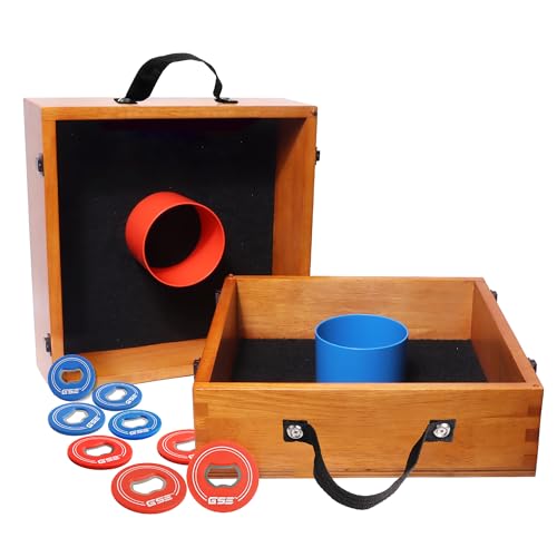GSE Washer Toss Game Set with Oak Finish - Outdoor Lawn Game with 8 Washers & Bottle Opener - Portable Backyard Fun