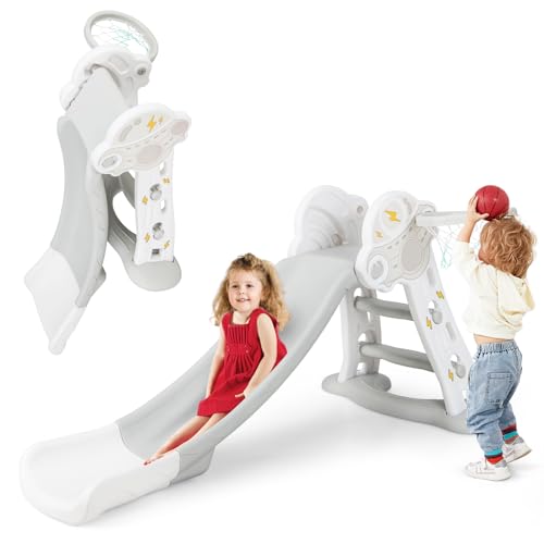 INFANS Grey 4-in-1 Toddler Indoor & Outdoor Playset with Slide, Basketball Hoop, Climber