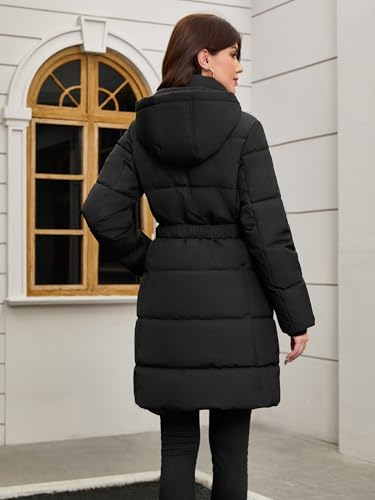 Women's Medium Black Winter Puffer Coat with Fleece Lining & Hooded Belt - Haianguoji