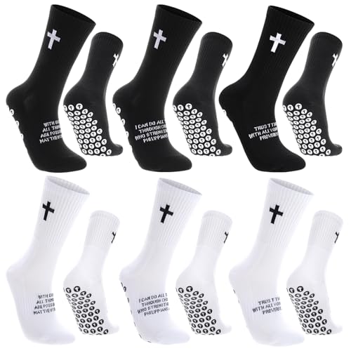 Soccer Socks with Bible Verse - Unisex Cross Embroidered Athletic Socks, Size 6-13, White/Black, 6 Pairs