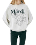 Women's Cotton Sweatshirt with Triple Daisy Floral Graphic - Oatmeal & Black, One Size