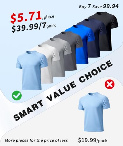 Men's Short Sleeve T-Shirts Pack - Quick Dry Athletic Workout Shirts, X-Large, Light Blue & More