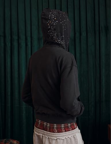 Unisex Oversized Zip Up Hoodie - Black Medium Rhinestone Star Jacket