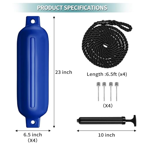 Blue 6.5 Inch Inflatable Ribbed Boat Fenders 4 Pack for Docking Yachts