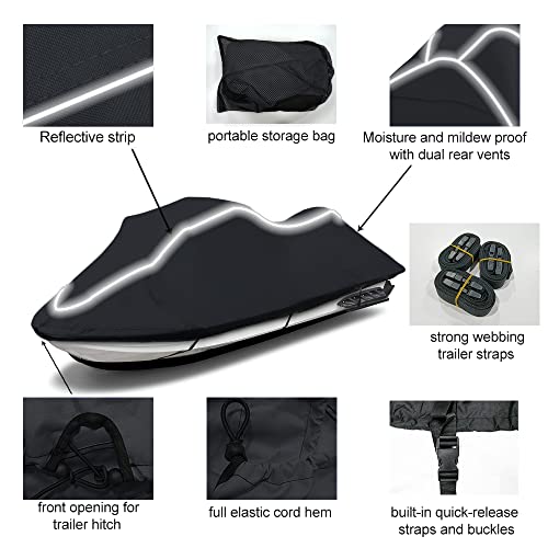 Jet Ski Cover Waterproof UV Resistant Trailerable 126-135 Inch 3 Seater - Black - Fade & Crack Resistant