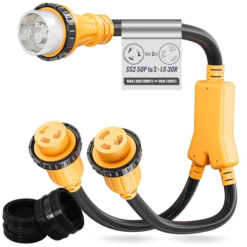 MECMO 50A Shore Power Adapter with Dual 30A Outlets, Marine-Grade Cord