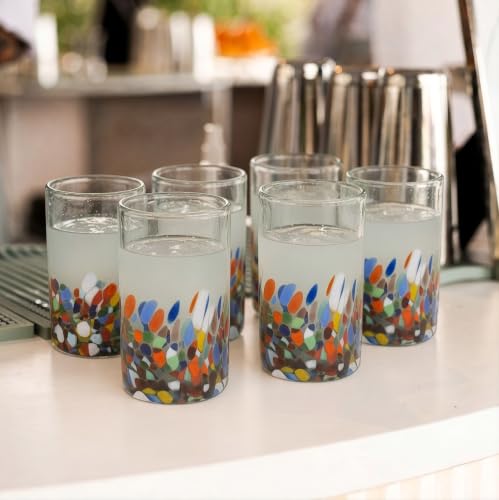 Set of 6 Hand Blown Drinking Glasses with Confetti Carmen Design - 14 oz