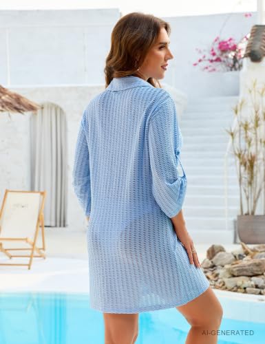 Women’s Swimsuit Coverup Button-Down Shirt Dress - Light Blue XL - Textured Beachwear