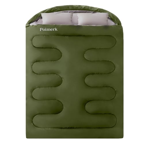 Green Double Sleeping Bag for Adults with 2 Pillows, Queen Size Camping Gear