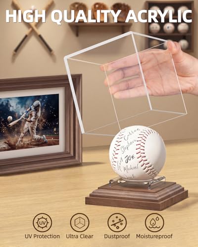 Baseball Display Case with Walnut Wood Base Acrylic Holder for Autographed Balls - Walnut Variation