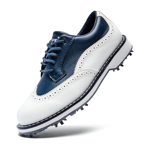 Men's Spiked Golf Shoes Water-Resistant Lightweight Sneakers - White & Blue, Size 10