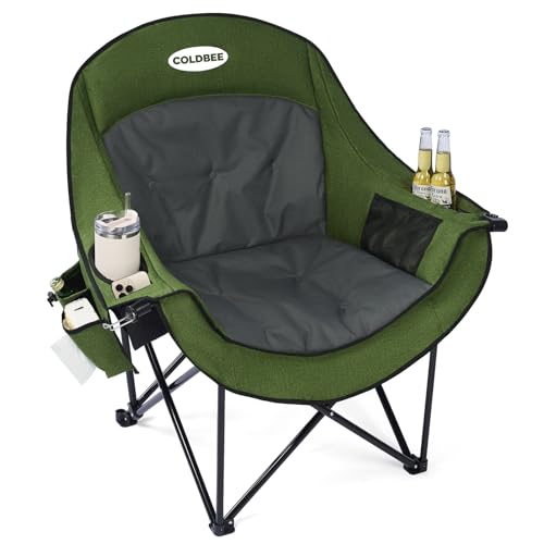 Coldbee Oversized Green Camping Chair with Padded Headrest & Cooler, Heavy Duty 500lb Capacity