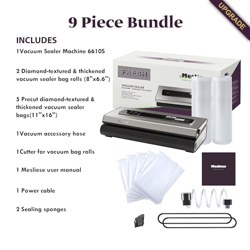 Mesliese 6-in-1 Vacuum Sealer Machine - Silver, Dry & Moist Modes, Includes Bag Rolls & Pre-cut Bags