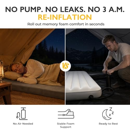 Gray 75x30x3 Inch CertiPUR-US Memory Foam Camping Mattress Pad - Waterproof Roll-Up Sleeping Mat with Carry Bag