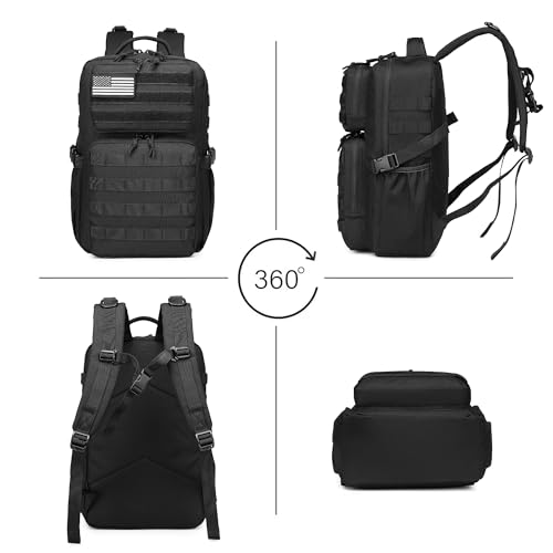 Wotony 30L Military Tactical Waterproof Backpack with Water Bottle Holder - Black