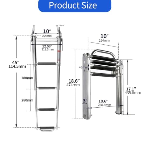 Marinebaby 4 Step Telescoping Boat Ladder with Mounting Hardware, Stainless Steel