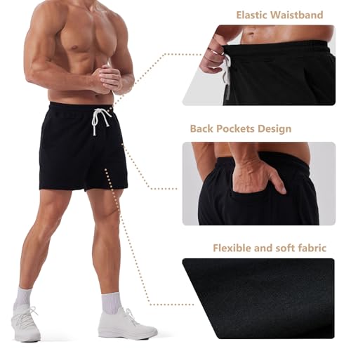 Mens Cotton Sweat Shorts 5 Inch Workout Gym Athletic Shorts with Pockets - Large / Black
