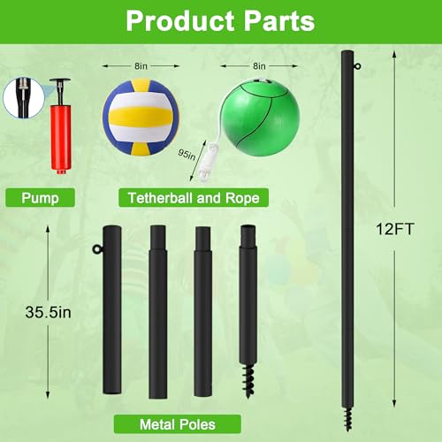 12 FT Tetherball Set with Adjustable Spiral Pole, Balls, Rope & Pump