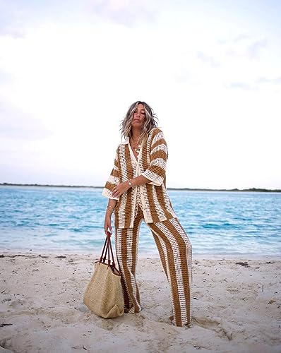 Women Cover Up Sets Button Up Tops with Pants Crochet Outfit Vacation Set - Medium Brown