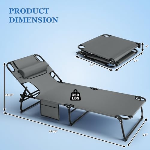 Grey 3-in-1 Outdoor Folding Sun Tanning Lounge Chair with Adjustable Backrest & Face Openings - Pool & Beach