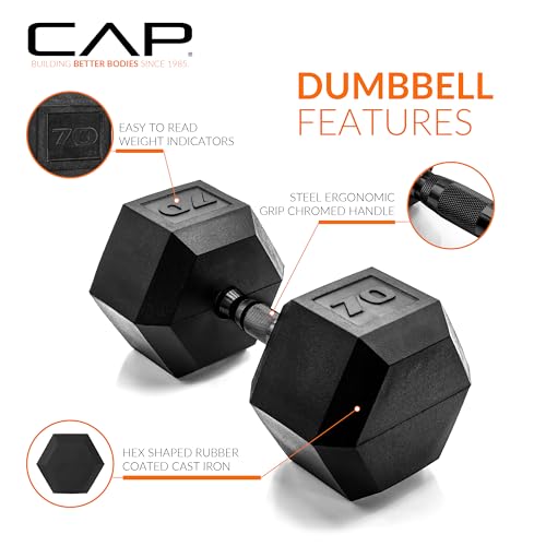 CAP 70 lb Rubber Coated Hex Dumbbell with Black Handle - Anti-Roll Home Gym Weights
